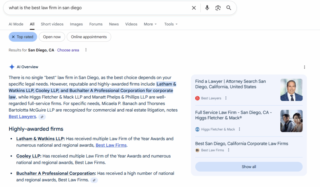 Example of Law Firm GEO Results
