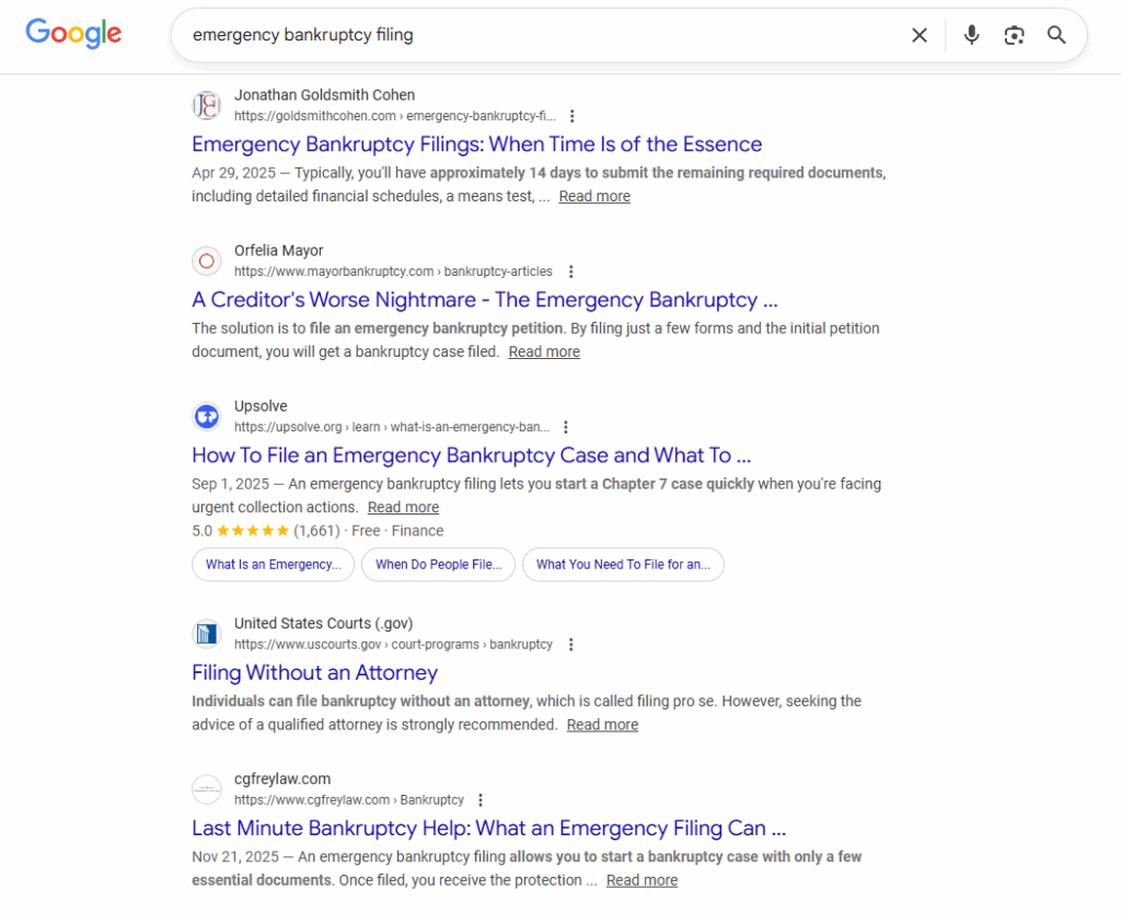 Search engine results page showing SEO performance for a bankruptcy law firm