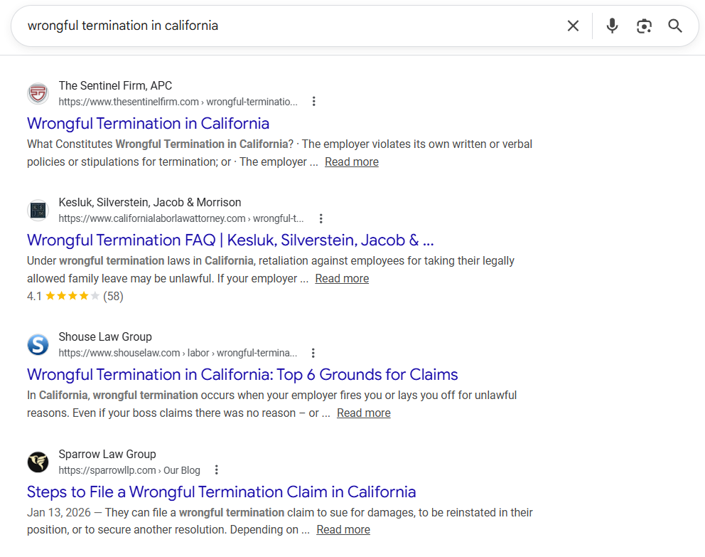 Employment Lawyer SEO Search Results
