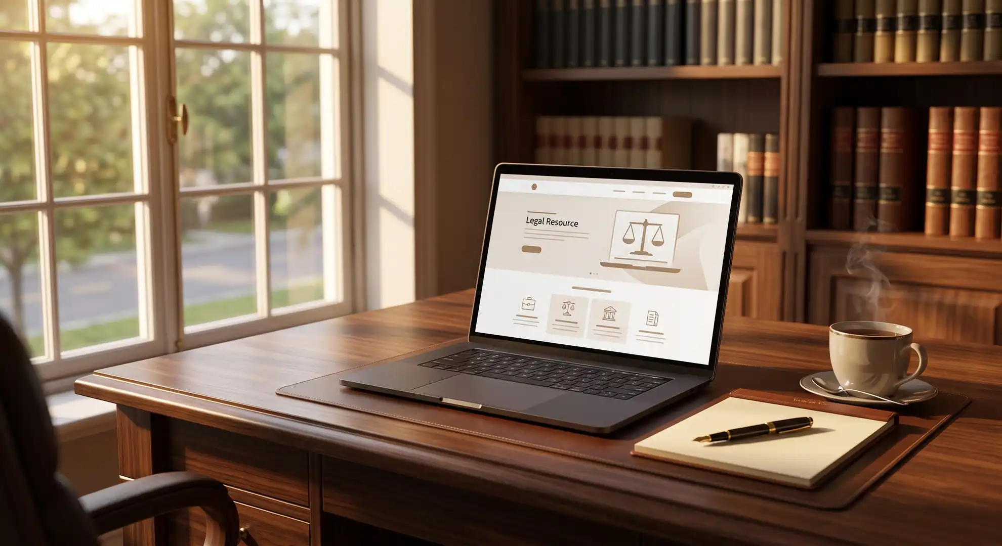 An open laptop resting on a desk mat in a sunlit wooden office, displaying a website titled "Legal Resource" with a scales of justice icon, situated beside a notepad with a pen, a steaming cup of coffee, and bookshelves filled with law books.