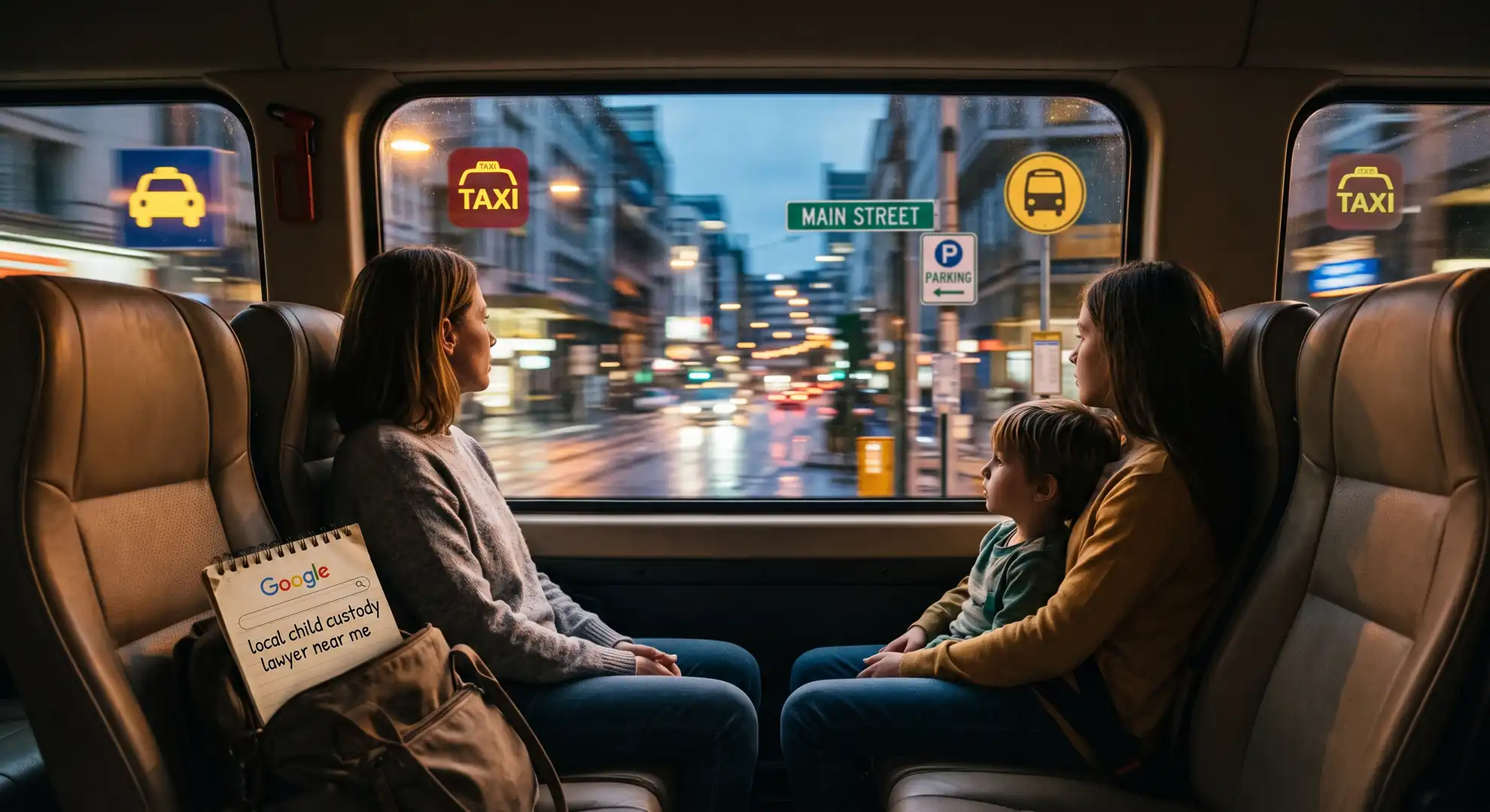 Mother riding the bus with her child while searching for a child custody lawyer on her phone