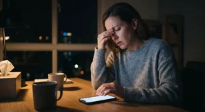 Side view of a stressed woman in a grey sweater sitting at a wooden desk late at night, rubbing her eyes with one hand while tapping her glowing smartphone screen with the other. A tissue box and coffee mug rest on the desk beside her.