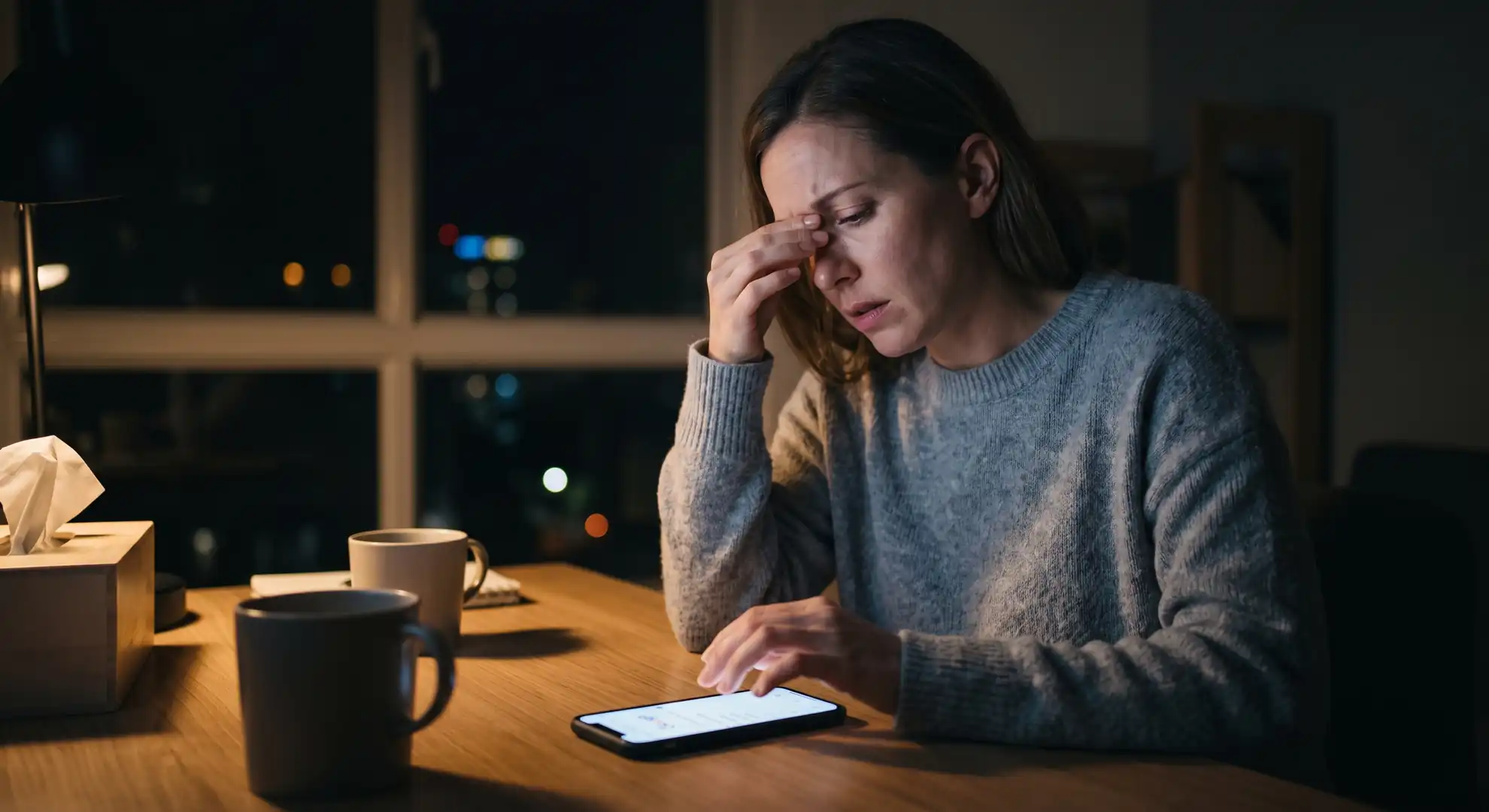 Side view of a stressed woman in a grey sweater sitting at a wooden desk late at night, rubbing her eyes with one hand while tapping her glowing smartphone screen with the other. A tissue box and coffee mug rest on the desk beside her.