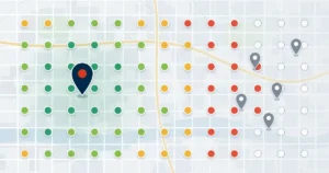 Map grid showing a law firm’s strong Google Maps visibility near its office fading to weak coverage across town where competitors appear
